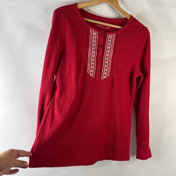 Eddie Bauer Womens Thermal Shirt Top Size Large Red Aztec Embroidered Round Neck - Picture 5 of 9